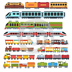 Cartoon trains. Kids toys train with wagons, childrens railway vector Illustration set