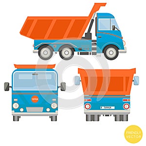 Cartoon transport. Dump truck illustration. View from side, back, front.