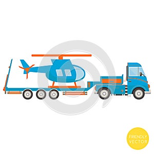 Cartoon transport. Lorry with helicopter illustration. View from side.