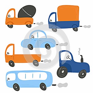 Cartoon transport set. Cars and truck, bus and concrete mixer chidish collection of hand dawn vehicle. Nursery art design, for