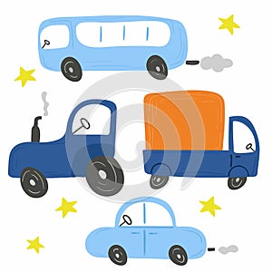 Cartoon transport set. Cars and truck, bus and concrete mixer chidish collection of hand dawn vehicle. Nursery art design, for