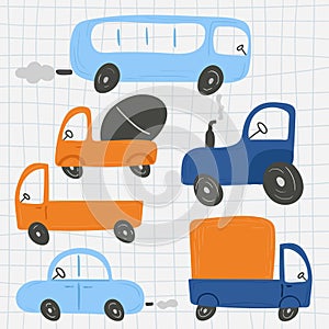 Cartoon transport set. Cars and truck, bus and concrete mixer chidish collection of hand dawn vehicle. Nursery art design, for