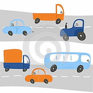 Cartoon transport set. Cars and truck, bus and concrete mixer chidish collection of hand dawn vehicle. Nursery art design, for