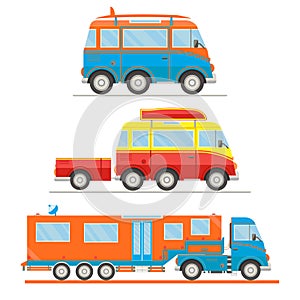 Cartoon transport set. Van with surfboard, van with trailer, campervan. Vector illustration
