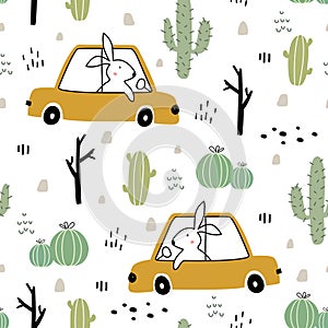 Cartoon transportation background for children Seamless Pattern Vector With Cars With Cactus cartoon style hand drawn design
