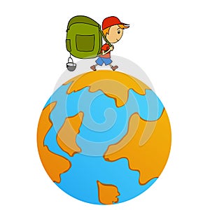 Cartoon travel man with backpack around world