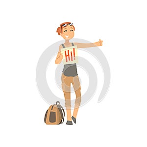 Cartoon traveler girl hitchhiker holding banner, woman trying to stop a car on a highway, travelling by autostop vector