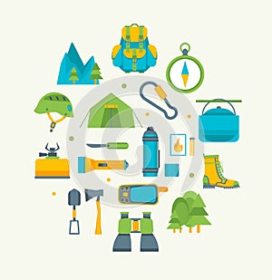 Cartoon Traveling Camping and Hiking Round Design Template Icons Set. Vector