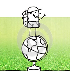 Cartoon traveller standing on a globe