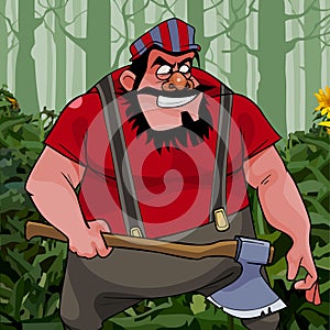 Cartoon treacherous man big guy with an ax in the woods