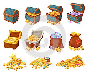 Cartoon treasure chests, piles of gold and jewels, pirate treasures. Bag with diamonds, open wooden chest with coins and