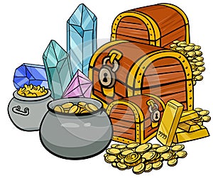 Cartoon treasure with gems and gold photo