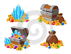 Cartoon treasure with gold coins and colorful gemstones. Open and closed chests, bag and money heaps