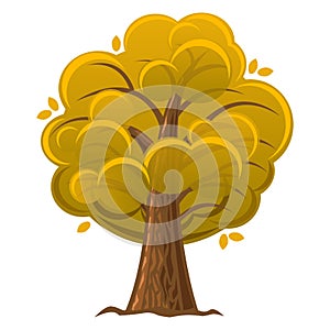 Cartoon tree, autumn orange oak tree with luxuriant foliage.