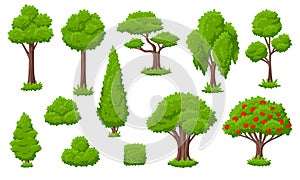 Cartoon tree and bush. Green trees, garden bushes. Forest elements, nature country landscape. Isolated shrub in grass