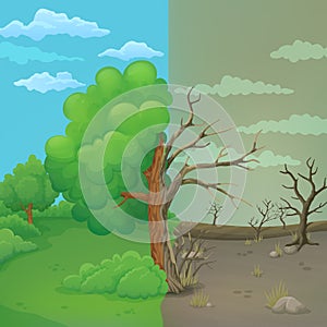 Cartoon tree split in half on a divided background. Healthy leaved part and dying part with cracked bark.