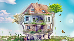 cartoon treehouse on beautiful spring garden meadow with flowers