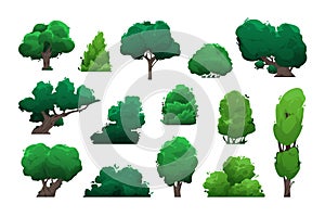 Cartoon trees and bushes. Green shrubs and deciduous trees for park landscaping, plant topiary with foliage. Vector isolated set