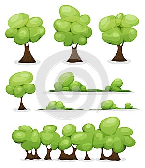 Cartoon Trees, Hedges And Bush Leaves Set