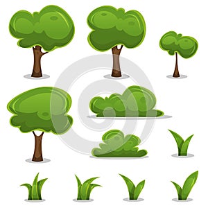 Cartoon Trees, Hedges And Grass Leaves Set