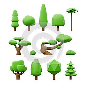 Cartoon trees set. 3D rendered illustration.