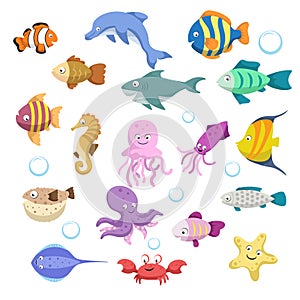 Cartoon trendy colorful reef animals big set. Fishes, mammal, crustaceans. Dolphin and shark, octopus, crab, starfish, jellyfish. photo