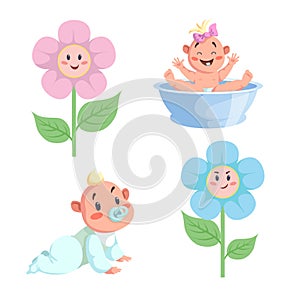 Cartoon trendy design babies sticker icons. Boy and girls faces flowers, washing baby in basin and crawl baby.