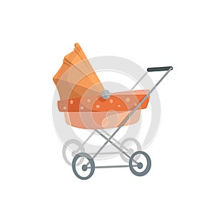 Cartoon trendy design baby bed pram. Child transportation retro vector illustration.