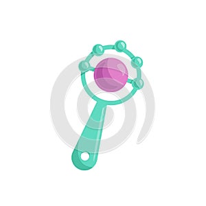 Cartoon trendy design baby greenl rattle with pink ball. Vector simple gradient child accessory illustration.