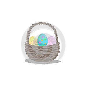 Cartoon trendy design basket with easter colorful and painted eggs. Decorative vector illustration icon. Picnic and easter simple