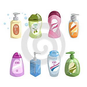 Cartoon trendy design different color bath and cosmetic bottles icons set. Shower gel and liquid soap