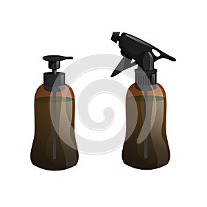 Cartoon trendy design hair styling equipment tool set. Brown figure bottle with spray for hair moistening. Vector barber shop illu