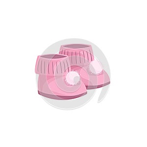 Cartoon trendy design pink baby booties icon . Vector simple gradient child accessory illustration.