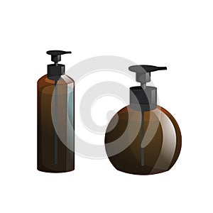 Cartoon trendy design professional hair care container set. Tube pump brown bottle with hair lotion, liquid soap, gel, balsam.