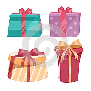 Cartoon trendy design vintage round gift box set with different colors ribbons and bows. Birthday and Christmas vector icon.