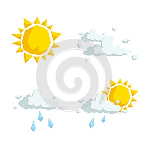 Cartoon trendy design weather icons set. Sun, fluffy clouds, rain cloud and partly cloudy symbol. photo