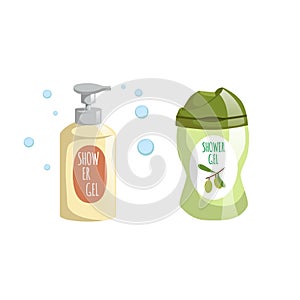 Cartoon trendy design yellow bottle with dispenser and green olive container icons set. Shower gel with foam bubbles