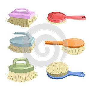 Cartoon trendy icon set of cleaning brushes. Housework vector simple gradient icons. Orange, green, pink, red and blue shiny brush