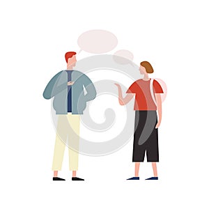 Cartoon trendy male talking with hipster girl vector flat illustration. Two people communicating with speech bubble