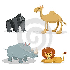 Cartoon trendy style african animals set. Gorilla monkey, lion, dromedary camel, rhiniceros. Closed eyes and cheerful mascots. photo