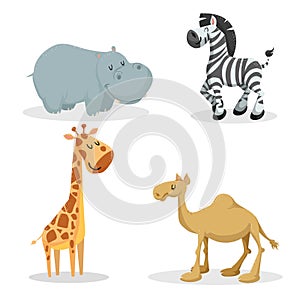 Cartoon trendy style african animals set. Hippo, zebra, giraffe, dromedary camel. Closed eyes and cheerful mascots.