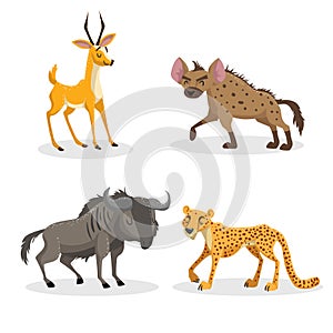 Cartoon trendy style african animals set. Hyena, wildebeest, cheetah and antelope gazelle. Closed eyes and cheerful mascots.