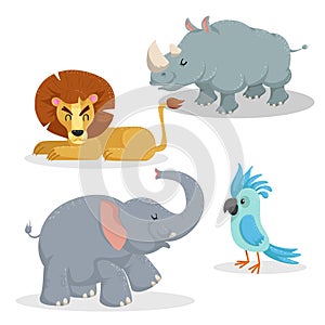 Cartoon trendy style african animals set. Lion, rhino, african elephant and parrot. Closed eyes and cheerful mascots. photo