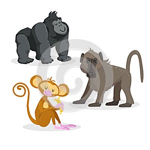 Cartoon trendy style african apes set. Gorilla, baboon and monkey with banana. Closed eyes and cheerful mascots. photo