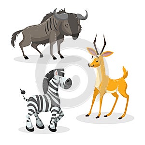 Cartoon trendy style african artiodactyls set. Gnu, antelope, gazelle, wildebeest and zebra. Closed eyes and cheerful mascots.