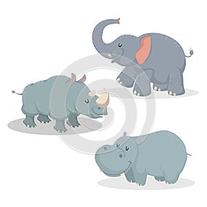 Cartoon trendy style big african animals set. Elephant, rhino and hippo. Closed eyes and cheerful mascots.