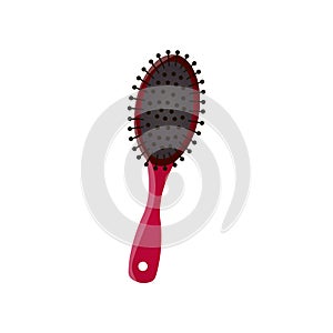 Cartoon trendy style plastic hair brush with red handle isolated on white background