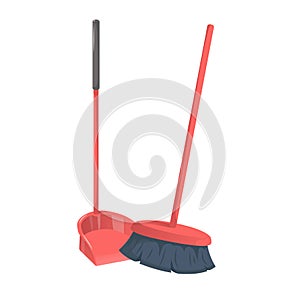 Cartoon trendy style red dustpanwith stick and brushed broom. Cleanup and hygiene vector icon illustration. photo