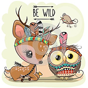 Cartoon tribal Deer and owl with feathers