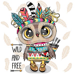 Cartoon tribal Owl with feathers on a white background